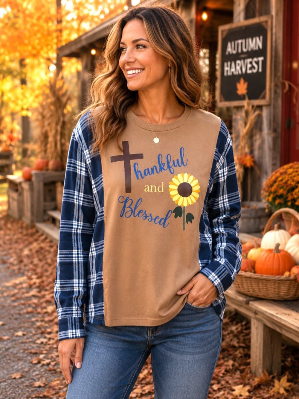Upcycled Flannel Shirt Reworked Oversized Thankful Blessed Graphic Plus Size